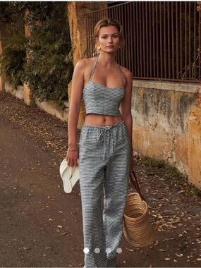 Gingham Drawstring Waist Wide-Leg Pants/Top set- Blue/ White M